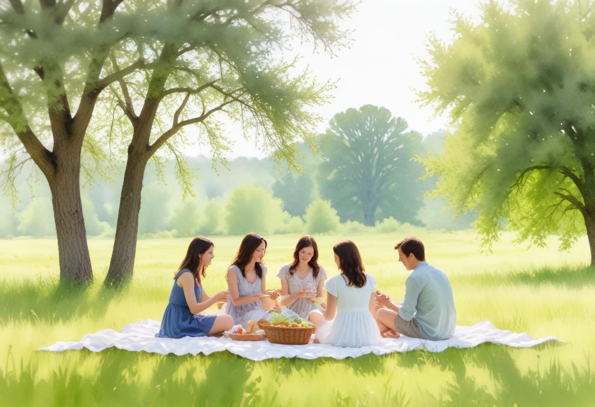 Open meadow picnic under bright sky suggesting slice-of-life warmth