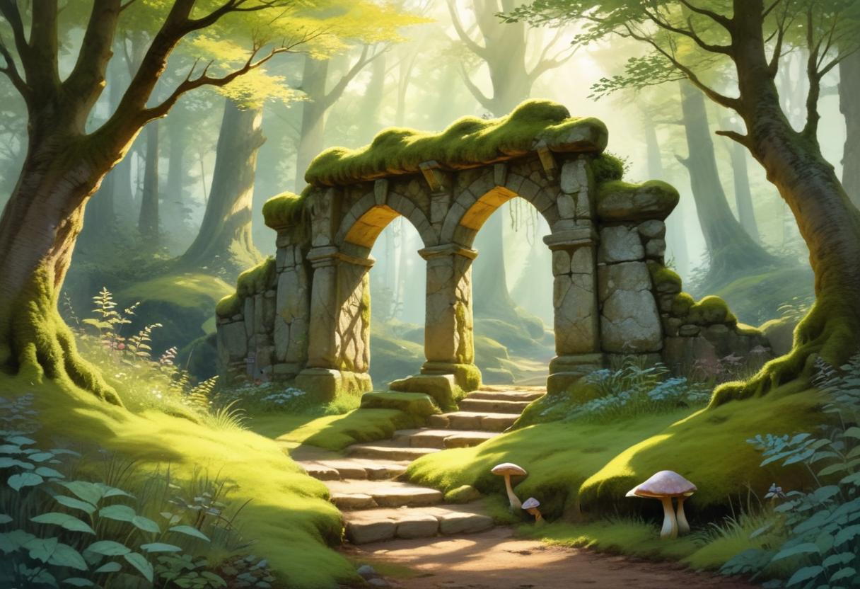 Moss-covered stone gateway opening to a sunlit glade