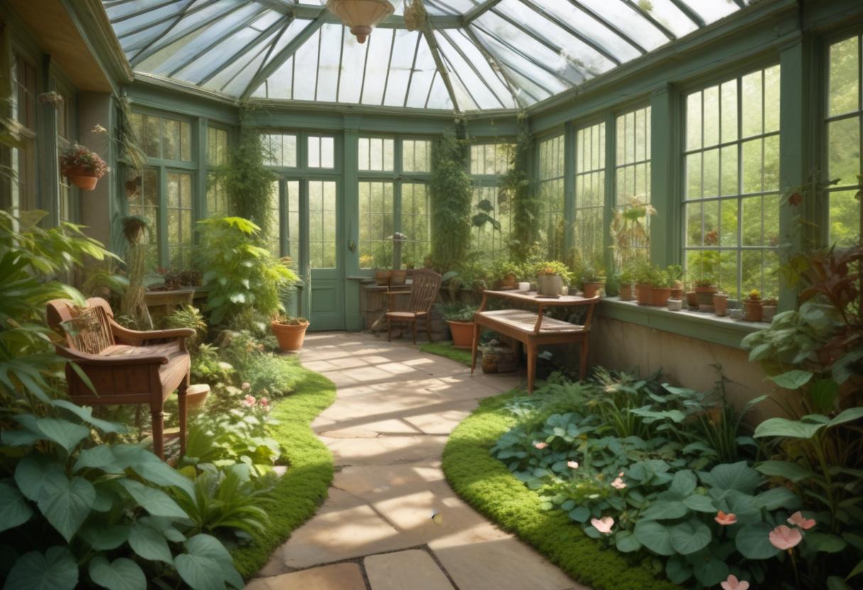 Airy garden conservatory at midday suggesting cozy mystery