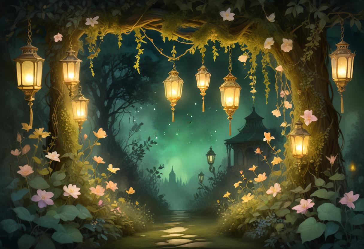 Dreamy dusk garden with iridescent lanterns and flowering vines