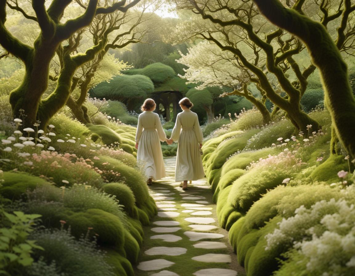 Readers strolling beneath sunlit trees