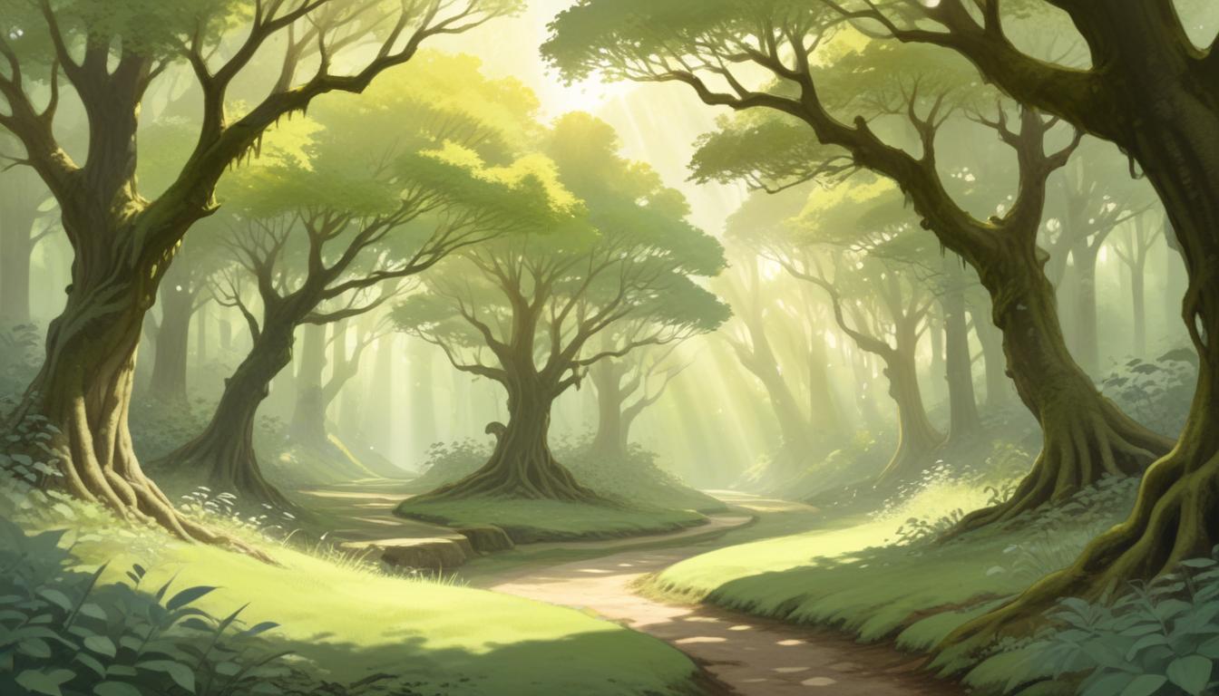 Sunlit grove with watercolor foliage